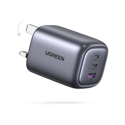 UGREEN Nexode 65W GaN Fast Charger — 3-Port (1×USB-A, 2×USB-C PD), Gray | PAPITA UAE