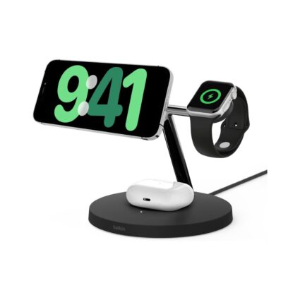 Belkin Boost Charge Pro 3‑in‑1 Magnetic Charging Stand (Qi2, 15W Fast Wireless) — Black | PAPITA UAE