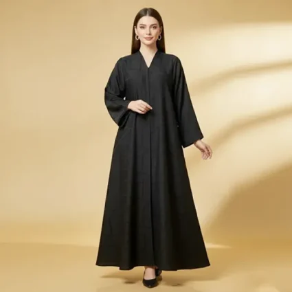 Modern V-Neck Maxi Muslim Abaya — A-Line, Long Sleeve, Geometric Pattern, Premium Fabric
