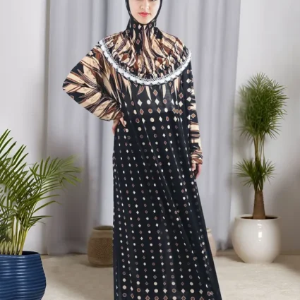 Elegant Long-Sleeve Loose-Fit Geometric Argyle Maxi Kaftan — Comfortable Women's Abaya