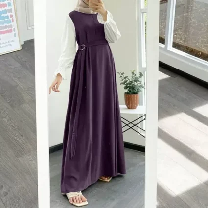 Purple Muslim Women’s A-Line Patchwork Abaya Maxi Dress with Long Sleeves and Belt