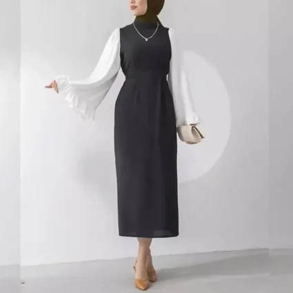 Luxury Middle Eastern Belted Abaya with Flare Sleeves — Elegant Long Arabic Muslim Dress