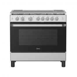 Midea 90 x 60 cm Freestanding 5‑Burner Gas Cooker — Stainless Steel Full Gas Range with Automatic Ignition, Full Safety Features, Cast Iron Pan Supports & Separate Control Knobs