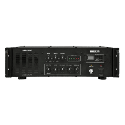 Ahuja AMA240DP PA Amplifier — 350W RMS with 3 unbalanced mic inputs, 2 balanced mic inputs, 2 aux inputs, 1 telephone input, 1 balanced line input and impedance/voltage output