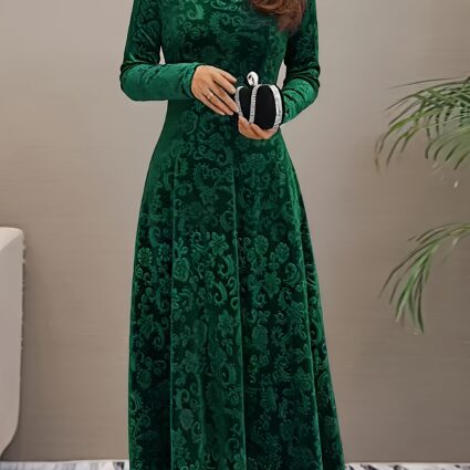 Velvet Floral Pattern Long-Sleeve Dress with a Square Neckline for The New Year, Elegant Design
