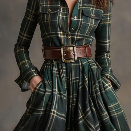 Women’s Elegant and Fashionable Multi-color Plaid Vintage Long Dress, Featuring an Oversized Skirt Design, Stylish Button-up Slim-fit Collar Shirt Dress, Perfect for Parties and Gatherings. Belt Not Included