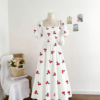 Elegant Cherry Print Dress | Square Neck, Bubble Sleeves, Shirred Waist, Long A-Line Skirt
