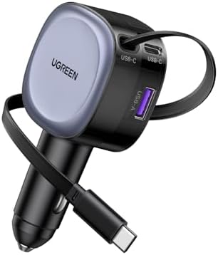 UGREEN 75W Retractable Car Charger With Built-in 60W USB C Cable 75cm, Type C Car Charger Fast Charging 3 Port Automobile Phone Charging Adapter